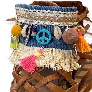 Boho Hippie Wide Ankle Wraps, Tassel Charms Hanging on Wide Denim Boot Wraps